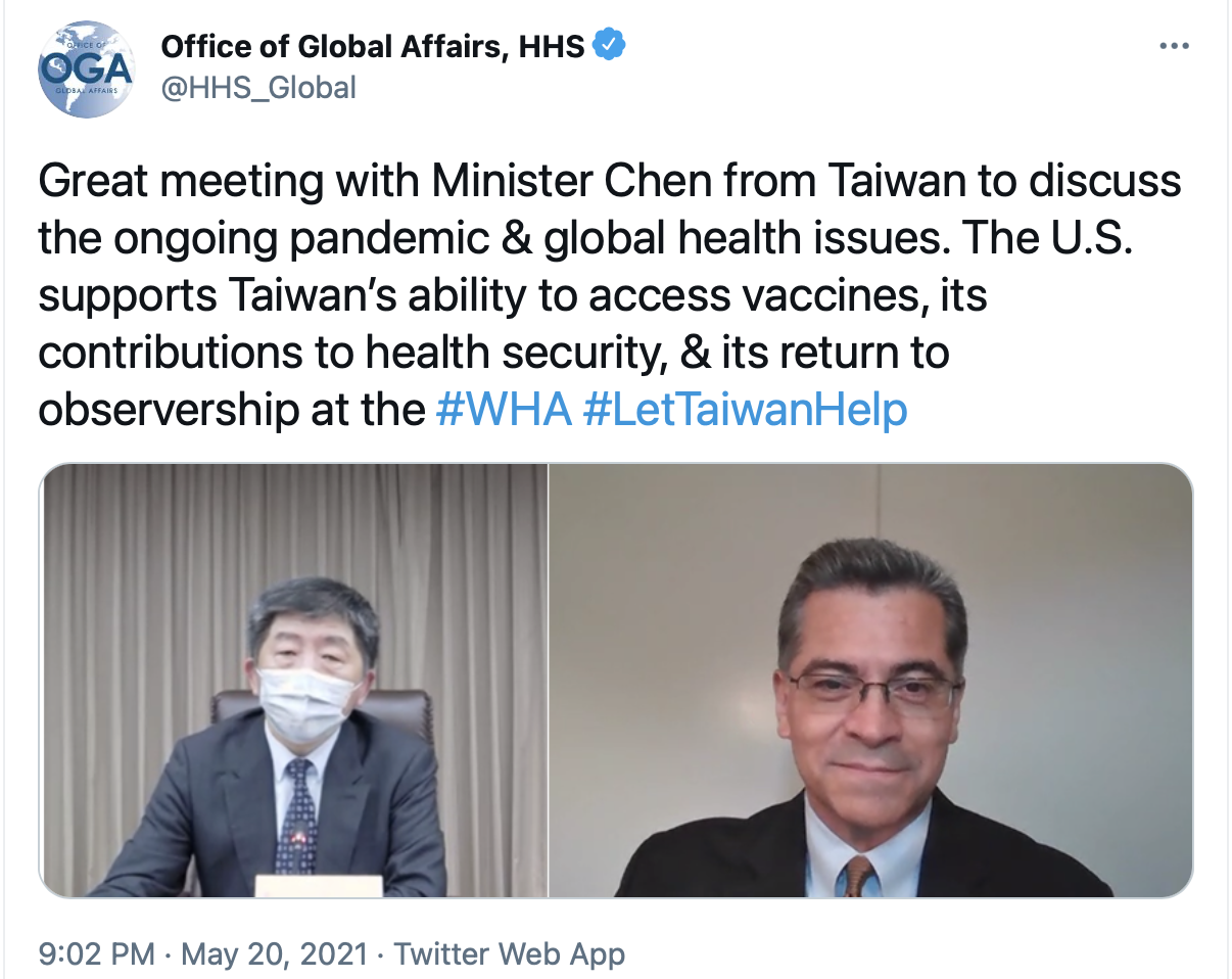 美國衛生部國際事務辦公室20日推文表示，美國衛生部長貝西拉（Xavier Becerra）與台灣的衛福部長陳時中舉辦視訊會議，討論新冠疫情，並稱支持台灣以觀察員身分參與WHA。圖／取自推特