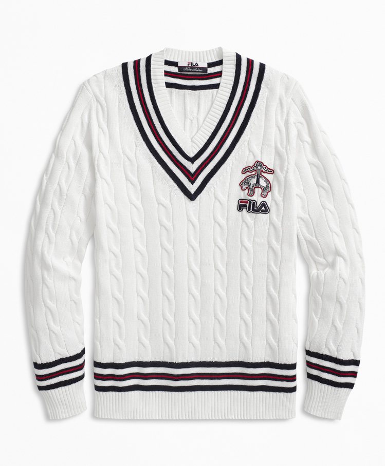 Brooks Brothers與運動品牌FILA的系列麻花紋V領網球毛衣6,490元。圖／Brooks Brothers提供