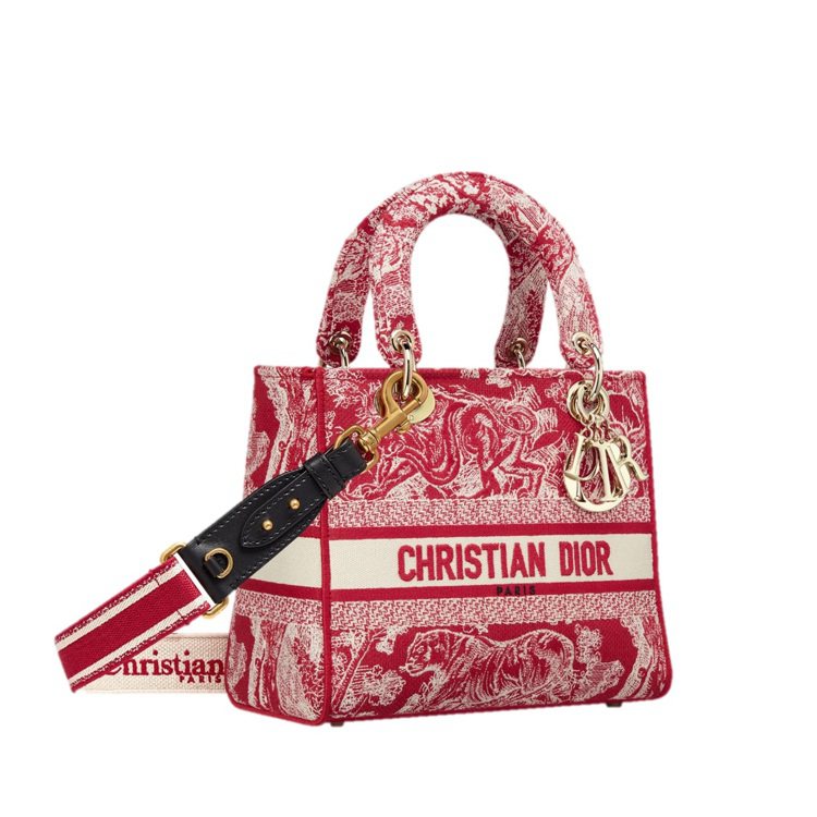 Lady D-Lite莓果紅翻轉法式印花刺繡帆布中型提包，14萬5,000元。圖／Dior提供