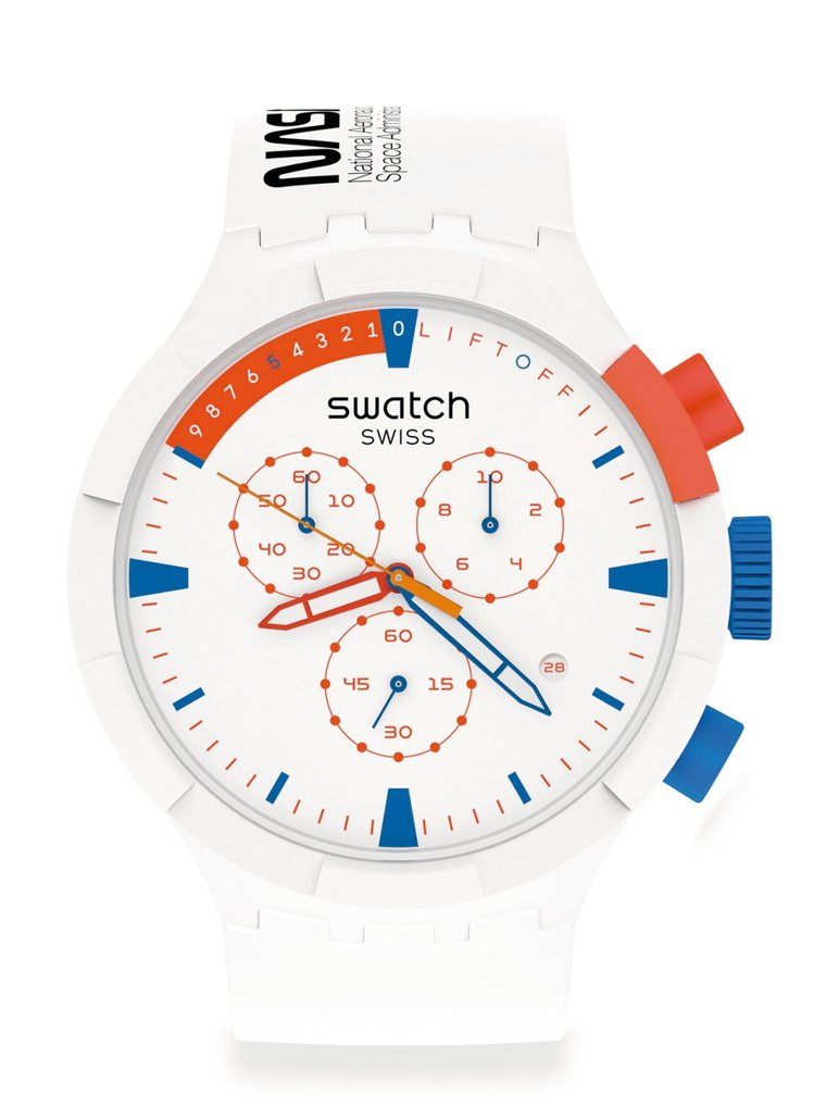 SWATCH太空系列EXTRAVEHICULAR太空漫步SB04Z400腕表，生物陶瓷表殼5,200元。圖／SWATCH提供