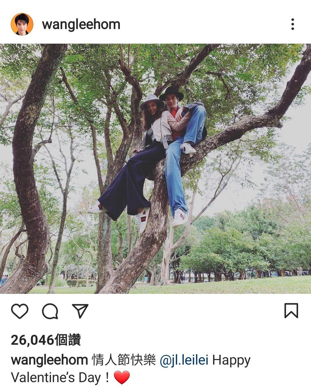 王力宏2019年情人節曬出與老婆爬樹的合照。 圖／擷自王力宏IG
