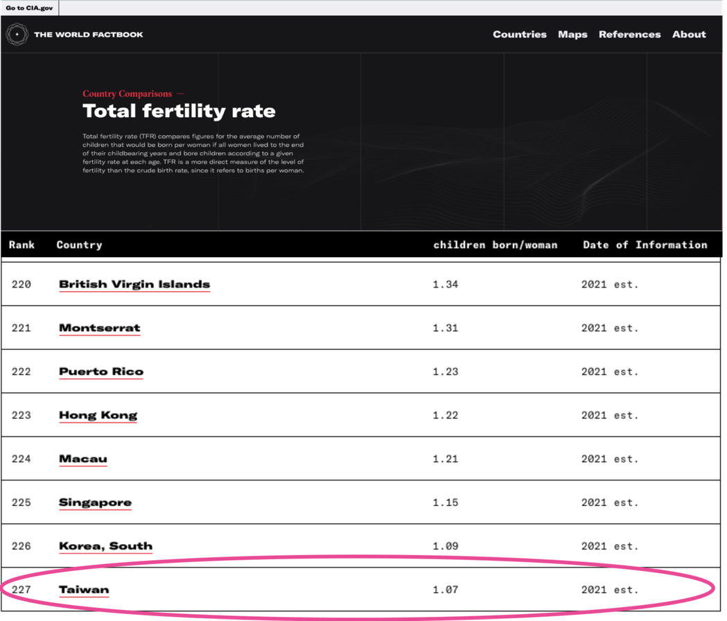 美國中央情報局公布世界最新出生率，台灣名列世界最低。圖／CIA官網