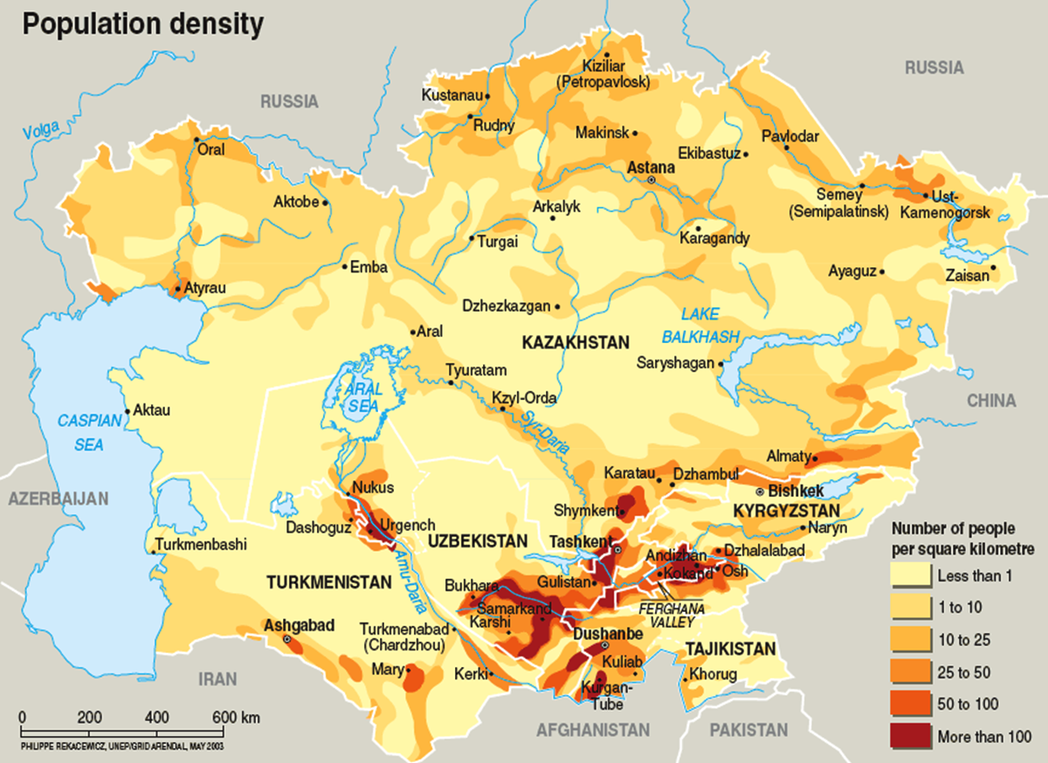  圖／CAWater Info：中亞地區人口密度圖。盆地或周邊地區的人口密度，是...