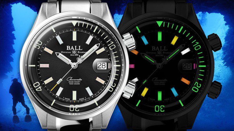 Ball Watch新款Engineer Master II Diver Chronometer不只有瑞士天文台認證、300米防水，夜光或低光源時，還可一窺面盤中使用的36支自體發光微型氣燈。圖 / 波爾表提供。