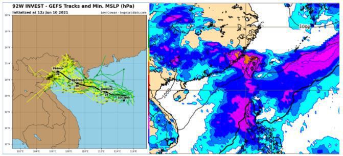 美國模式系集模擬(GEFS)顯示，今天起南海有熱帶擾動發展的跡象，大致往西北西通過海南島、朝再廣西、越北一帶進入陸地(左圖)。歐洲(ECMWF)模式模擬顯示，下周六20時梅雨滯留鋒已重返台灣(右圖)。圖擷自tropical tidbits & ECMWF。圖／取自「三立準氣象．老大洩天機」專欄