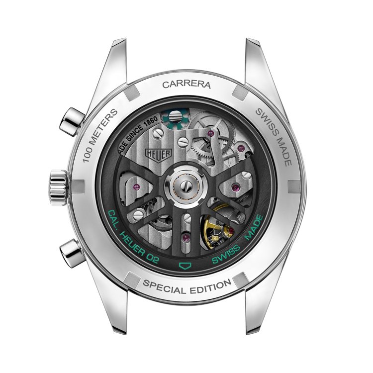 Carrera系列新款計時碼表，表背下機芯導柱輪和自動盤的「Calibre He...