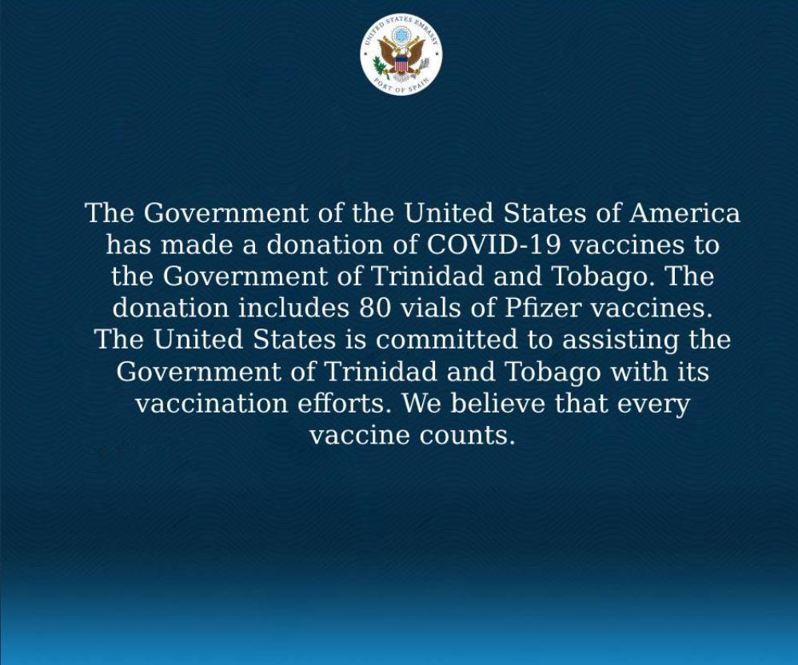 美国驻千里达及托巴哥大使馆将捐赠80瓶疫苗给当地，引发推特网友群起嘲讽。图翻摄自推特(photo:UDN)