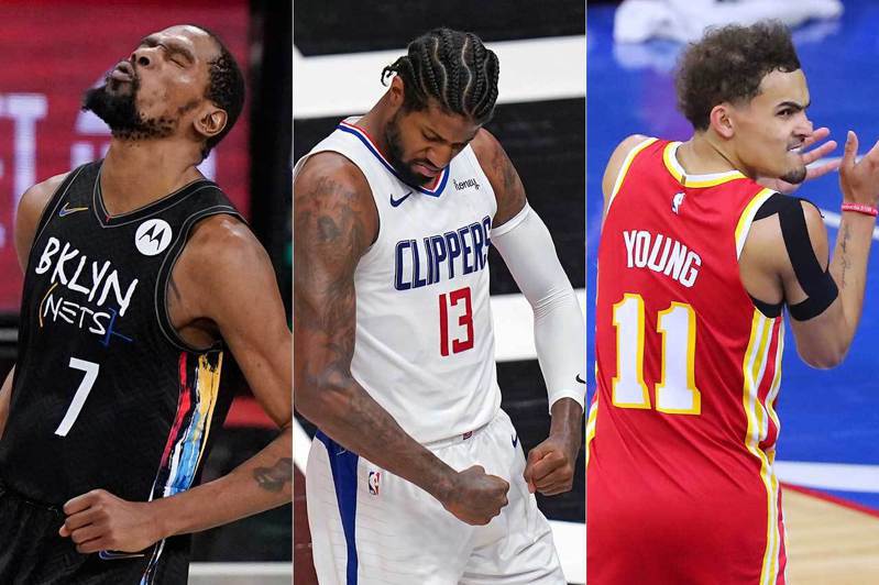 NBA季後賽第二輪出現了三位超級英雄：籃網杜蘭特(左)、快艇喬治(中)、老鷹楊恩(右)，他們在球隊陷入危機時挺身而出，打出值得列入季後賽經典的表現。 美聯社