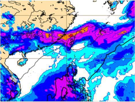 17日20時歐洲模式模擬下周二20時地面氣壓及雨量圖顯示，典型梅雨滯留鋒重返台灣。圖／取自「三立準氣象．老大洩天機」專欄