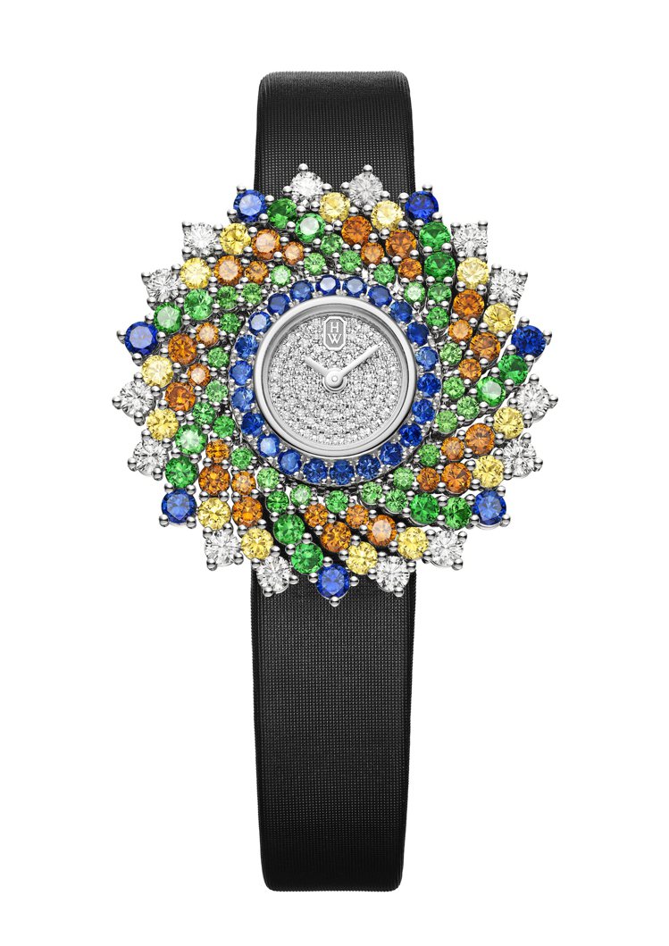 海瑞溫斯頓，萬花筒Kaleidoscope頂級珠寶時計彩色寶石款，石英機芯，鑲嵌沙弗萊石、藍寶石、橙色錳鋁榴石、鑽石、黃色藍寶石，412萬元。圖 / 海瑞溫斯頓提供。