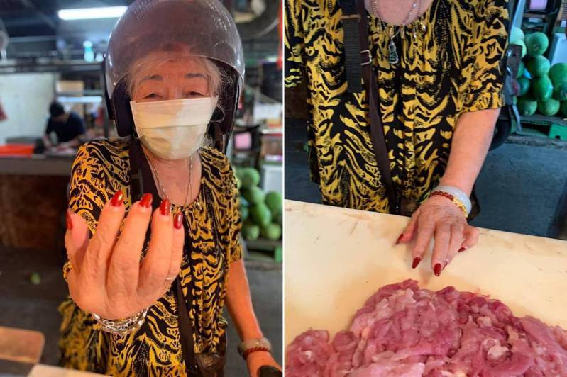 89歲阿嬤去菜市場買肉時，秀出手上又長又尖的「大紅色指甲」，吸引超過萬名網友讚爆。圖／翻攝自爆怨2公社