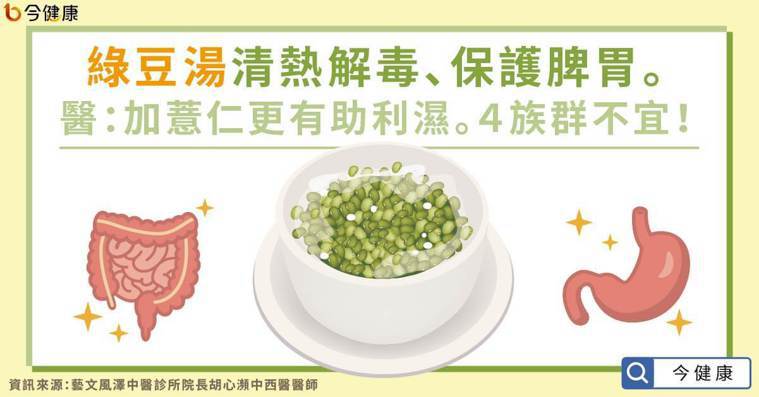 綠豆湯清熱解毒、保護脾胃。醫：加薏仁更有助利濕。４族群不宜！