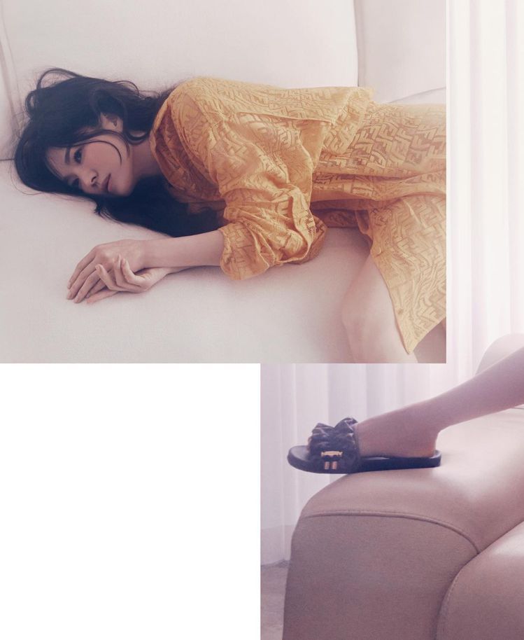 宋慧喬詮釋FENDI Vertigo系列黃色蕾絲裙裝67,000元、緞面拖鞋24,500元。圖／取自IG @ELLE Singapore