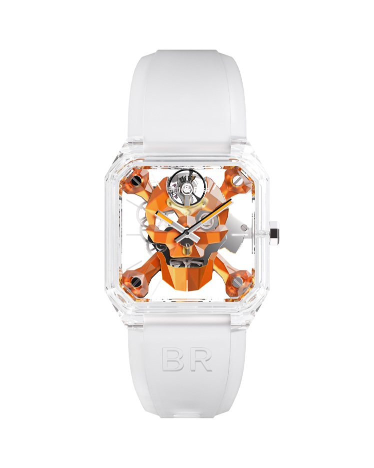 Bell & Ross的Cyberskull透明骷髏腕表，為了Only Watch拍賣，換上超酷橘色視覺。圖／柏萊士提供