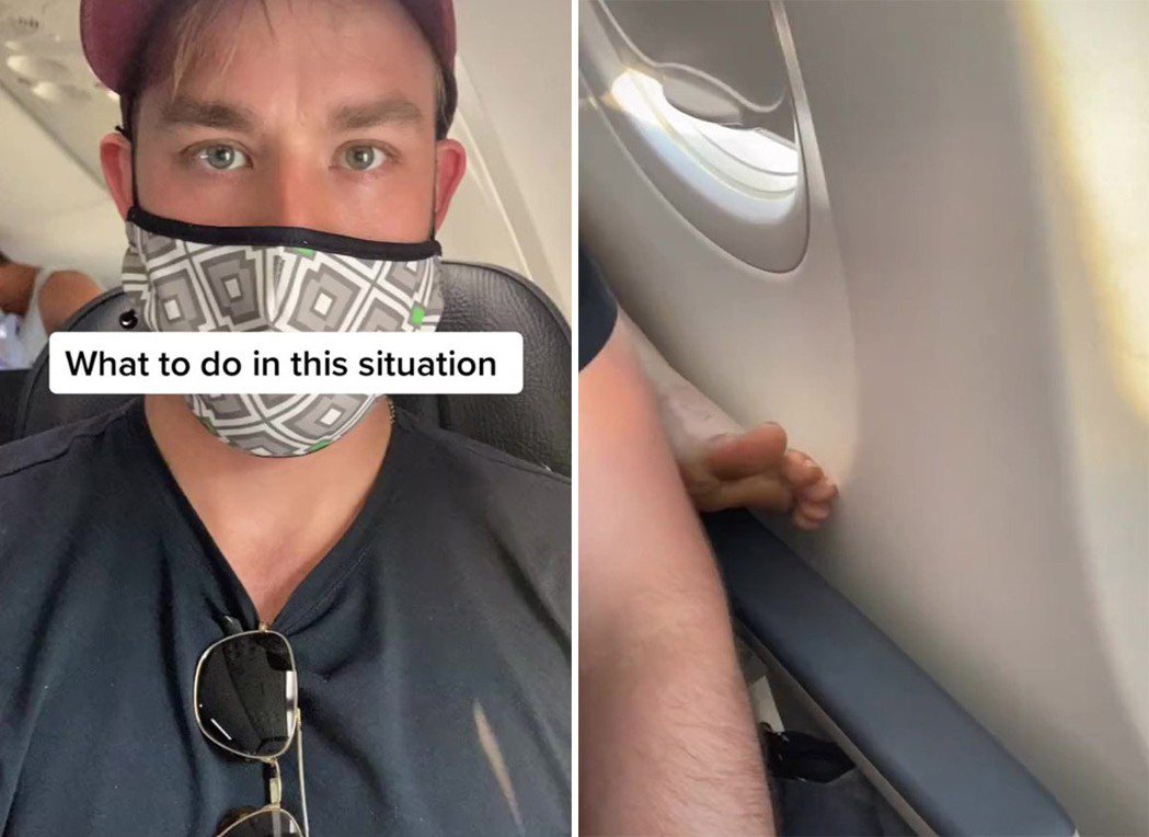 網紅坐飛機時發現後座乘客把光溜溜的腳板伸至其座位扶手上，令他非常不滿。（tikt