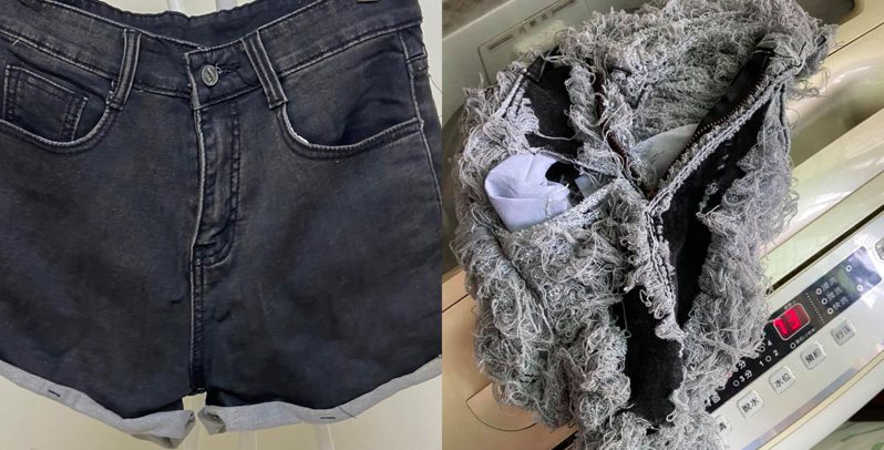 一名女網友抱怨網購的短褲丟進洗衣機洗完後，竟然整件毀掉。 圖／翻攝自「爆怨2公社」