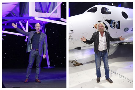 創業圈傳奇人物、英國億萬富豪布蘭森（右）11日將搶在全球首富貝佐斯（左）之前，搭乘自家太空船上太空。（美聯社）