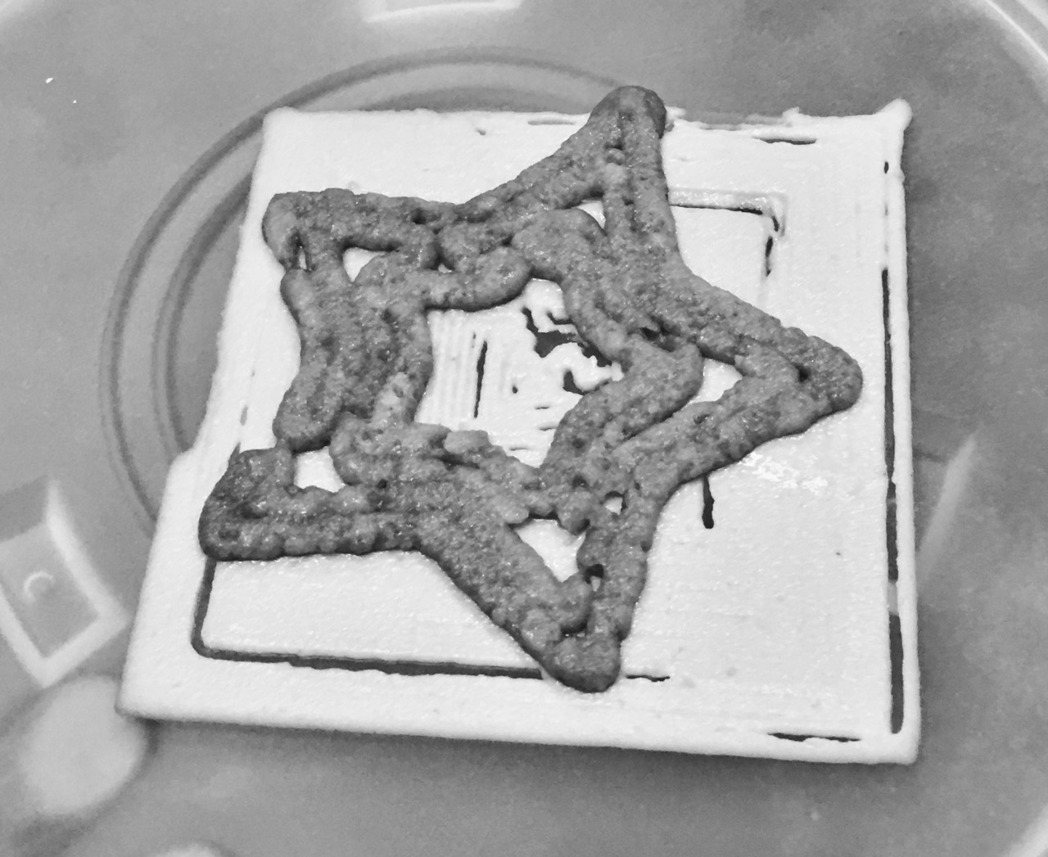 圖為在實驗室裡列印試印失敗的鷹嘴豆泥麵餅加酪梨星星。 圖／© 2019 by A...