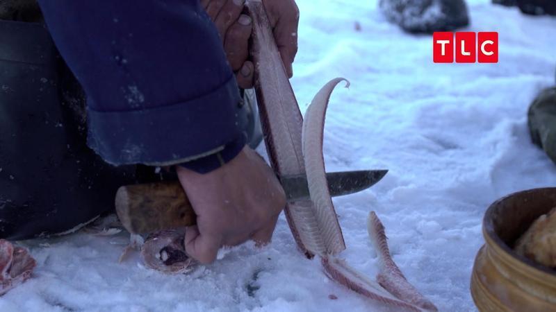 江振誠在俄羅斯河中釣起的淡水白鮭，與當地人一起做「凍魚」料理。圖／TLC旅遊生活...