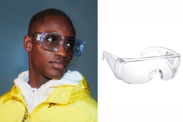 Off-White推出新款眼鏡（左），卻被網友認為與常見的「防疫護目鏡」（右）撞臉了。圖／Off-White提供、摘自網路