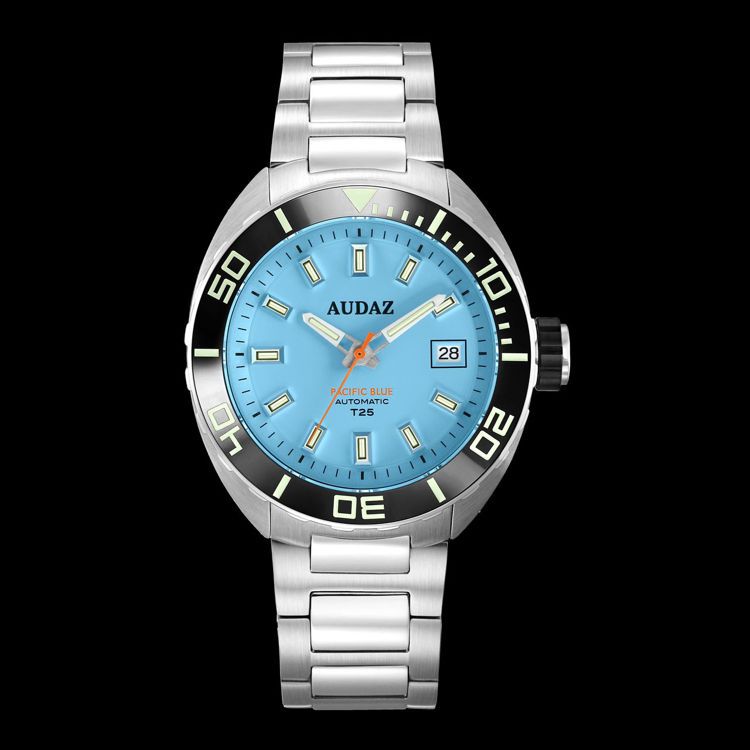 Audaz Pacific Blue T25系列腕表，精鋼表殼、表鍊，搭配黑色陶瓷表圈，以及Seiko NH35A自動機芯18,500元。圖／昊峰AJTIME Taiwan提供