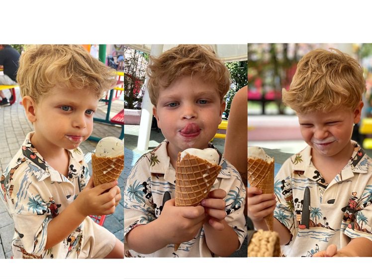 Leo在遊樂園吃著冰淇淋超可愛，身上的Zara環保系列Disney Polo衫17.9美元、折合台幣約505元。圖／取自IG