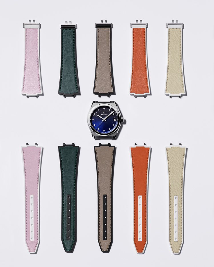 DEFY Midnight女士腕表推出更多不同顏色和材質的新款可換式表帶。圖／真力時提供