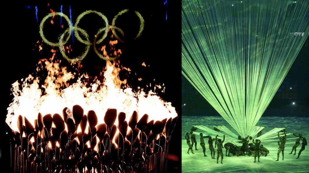 （右）2016里約奧運開幕節目「生命的起源」，利用3D投影技術呈現生命誕生到土地...