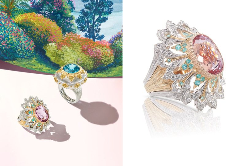 義大利珠寶品牌Buccellati帶來全新L GIARDINO DI BUCCELLATI高級珠寶，並從法國「印象派（Impressionism）」畫派的模糊之美得到啟發。圖 / Buccellati提供。（合成圖）