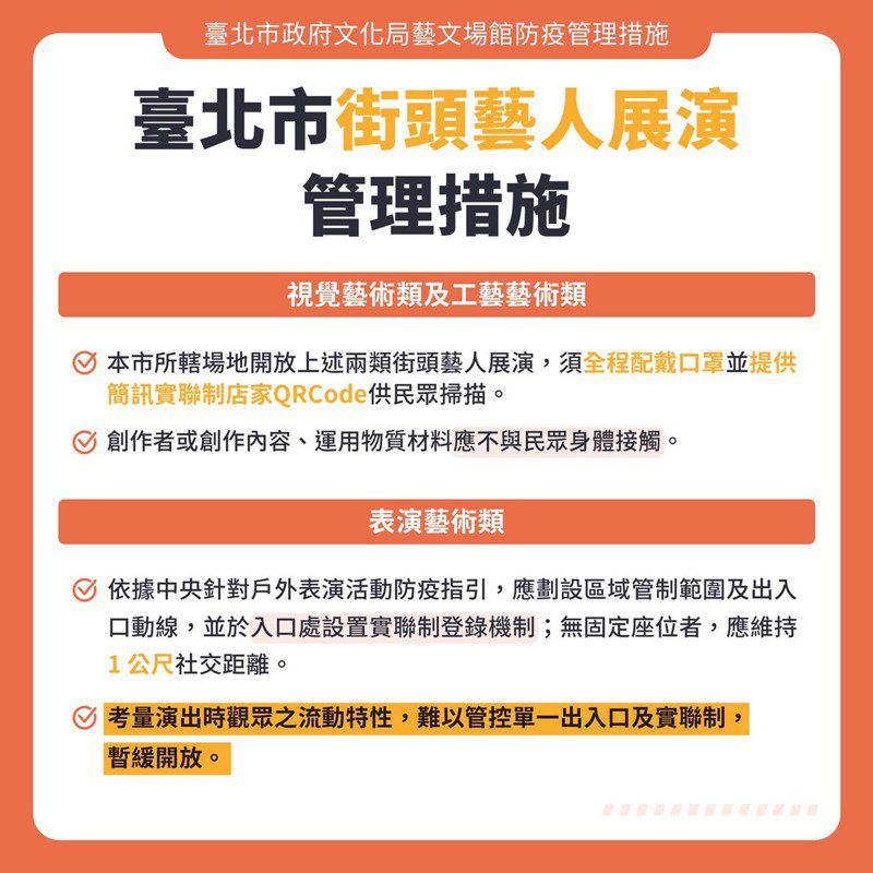 台北市長柯文哲今天公布街頭藝人、展覽和表演場館的防疫措施指引。圖／北市府提供