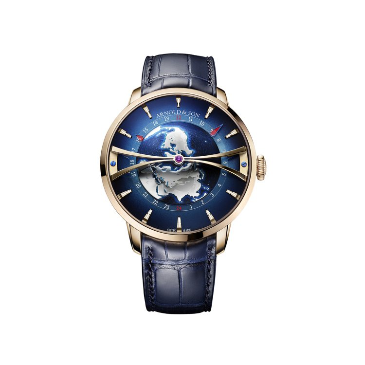 Arnold & Son Globetrotter Gold腕表，45mm、自動上鍊機芯、動力儲存45小時、時間與世界時區顯示，限量28只，146萬800元。