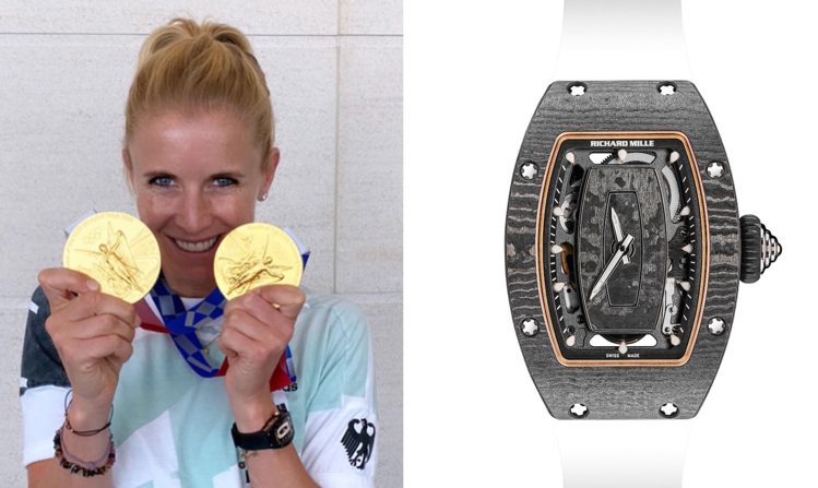RICHARD MILLE品牌摯友Jessica Von Bredow日前奧運奪金，並在ig秀出金牌與手上的RM 07-01腕表，其手上配戴的為黑色陶瓷款、圖右則為相似的Carbon TPT®碳纖維款式。圖 / 翻攝自 ig（合成圖）