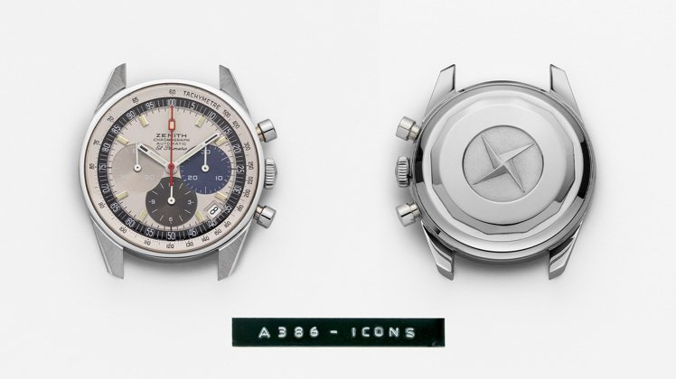 真力時巴黎專賣店的「ZENITH ICONS – GENESIS – Chronomaster Sport」系列A386腕表，是品牌於1969年推出，所有El Primero計時中最經典的款式，採用一眼可辨的三色計時盤設計。圖／真力時提供