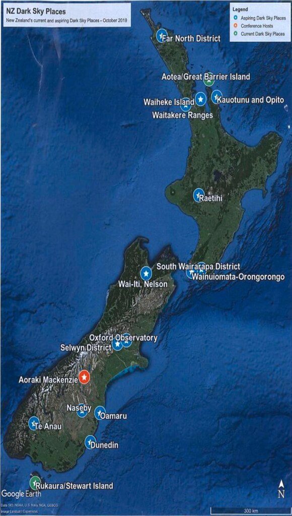 紐西蘭暗空地點地圖（圖中綠色星號為「現存國際暗空地點」；藍色星號地區「立志成為國...