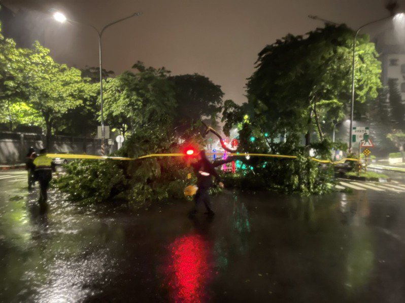 高雄興楠路與興西路口，受豪雨影響今天凌晨傳路樹倒塌。圖／民眾提供