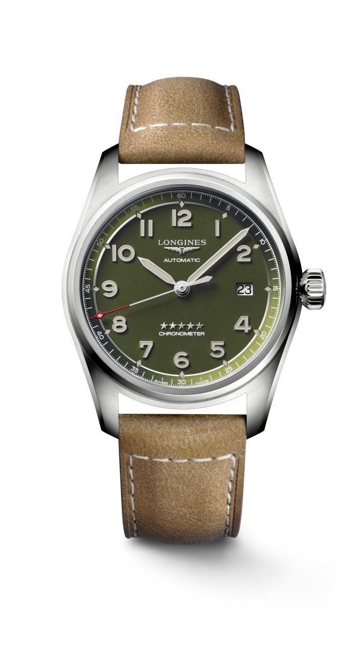 浪琴表Spirit先行者系列綠色面盤皮表帶腕表，精鋼、40毫米、時間顯示，69,...