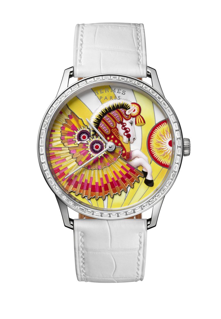 愛馬仕Slim d’Hermès La Source de Pégas麥稈鑲嵌工藝腕表，368萬3,600元，全球限量編號12只。圖／愛馬仕提供