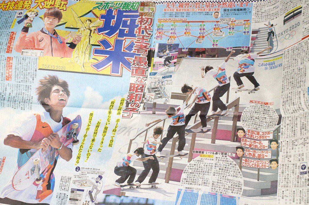 22歲男孩拿下金牌的滑板少年堀米雄斗。東京奧運期間，日本各大體育報紙更成為編輯使...