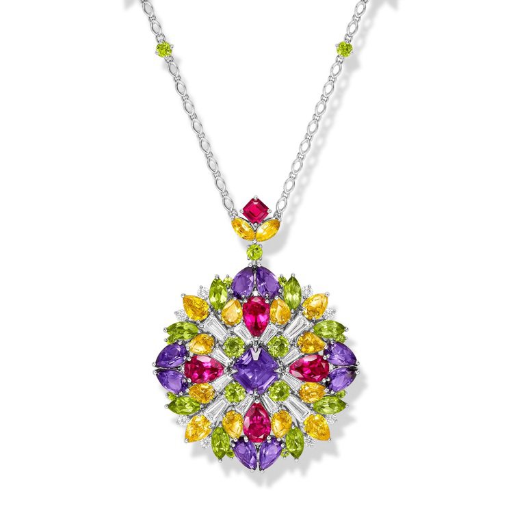 海瑞溫斯頓推出新款Winston Kaleidoscope系列珠寶，透過彩色寶石的鮮豔對比，宛如遁入一方彩色的奇想空間。圖 / 海瑞溫斯頓提供