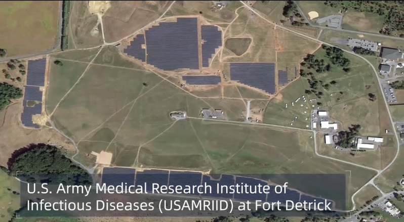 美國陸軍德特里克堡（Fort Detrick）生物實驗室衛星空拍照片。（截圖自新華網視頻）