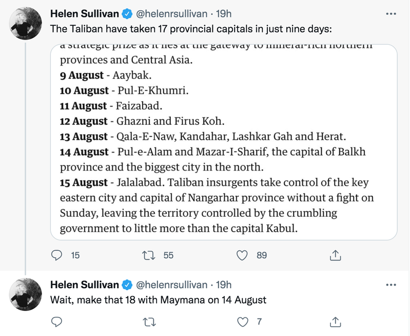 根据卫报记者苏利文在推特上曝光的时间表，可以得知神学士兵只花了9天就攻陷19省的首府和首都喀布尔、拿下阿富汗。截自推特(photo:UDN)