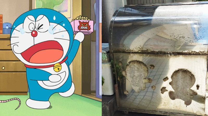 一位日本網友在路上，發現一個傷痕與「哆拉A夢」極為相似的鐵箱。合成圖，原圖擷取自twitter與哆拉A夢網站