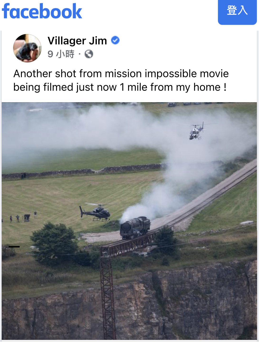 德比郡攝影師Villager Jim拍到「不可能的任務7」在當地出外景。圖／摘自Facebook