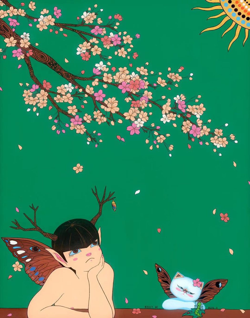 明星藝術家米凱莉疫情期間創作畫作「我等到花兒也謝了」之一「等待」，期待大家破繭而...