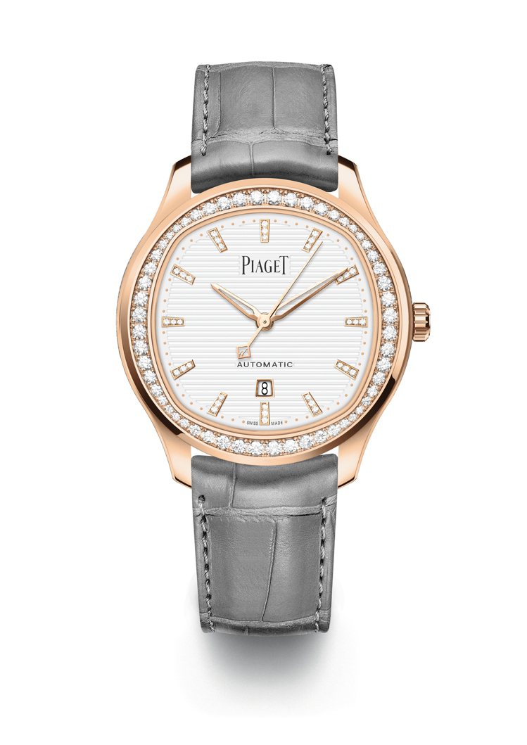PIAGET Polo系列月白色日期顯示18K玫瑰金鑽表，113萬元。圖 / PIAGET提供