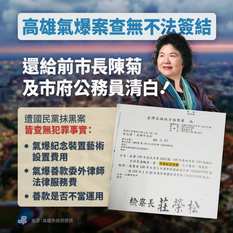 高雄氣爆案地檢查無不法簽結，陳菊表示，不信公義喚不回；民進黨也在官方臉書聲援。圖／取自民進黨臉書