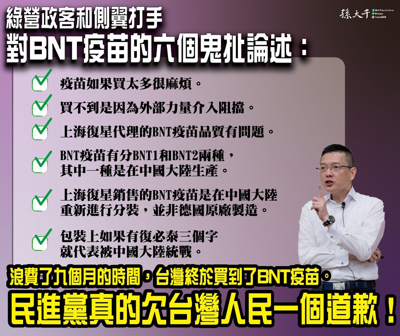 孫大千今在臉書表示，民進黨政府在取得BNT疫苗過程，真的欠台灣人民一個道歉。圖／取自孫大千臉書