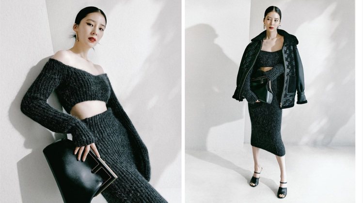 較以往低調的韓國網紅Irene Kim身穿深灰色系FENDI針織裙，展現都會感。圖／取自IG