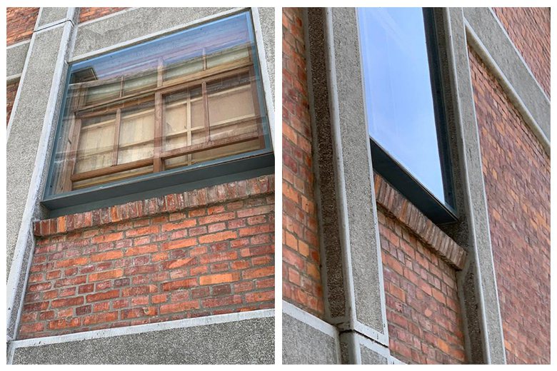 窗戶外框下沿的向外傾斜磚築結構有利於排水並增加視覺變化。 圖／呂琪昌