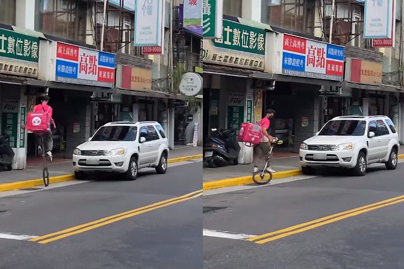 有民眾發現外送員在路上騎乘單輪車，下車的瞬間也被網友讚「太厲害」。 圖擷自臉書社團「路上觀察學院」